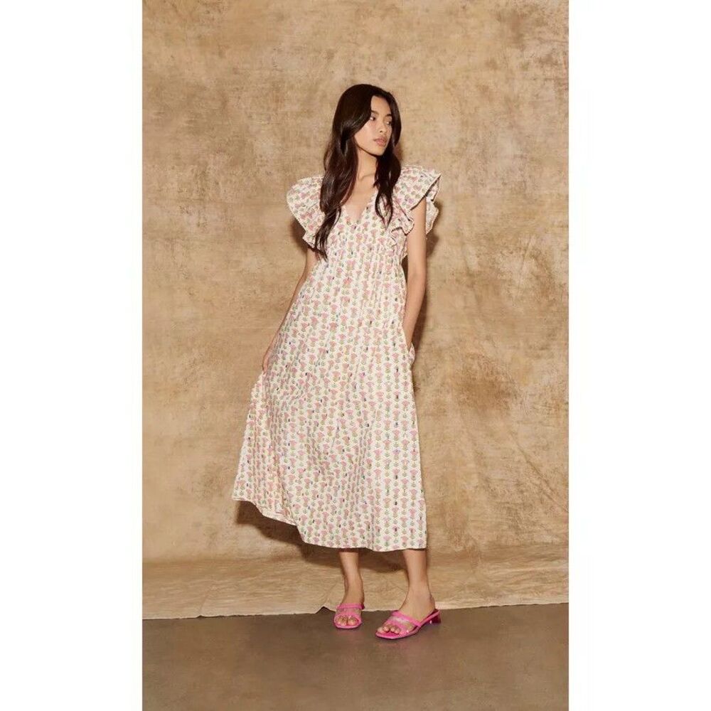 Saylor Anthropologie Floral Darya Maxi Dress Printed Cotton Lace Ruffle S 282025